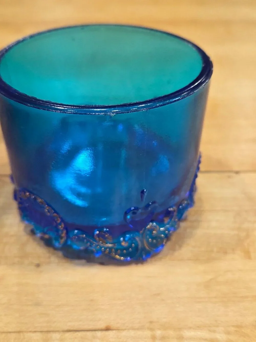 Vintage L G Wright Blue Glass Jeweled Heart Toothpick Holder Cup